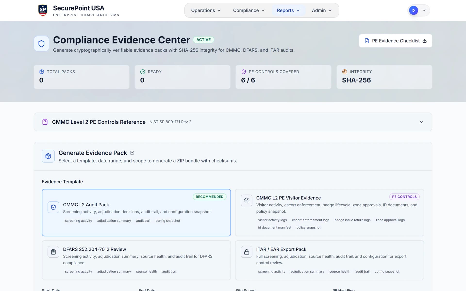 SecurePoint Compliance Evidence Center: CMMC PE control coverage, SHA-256 integrity, and evidence pack templates