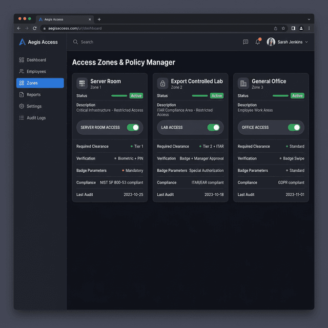 High-fidelity UI showing visitor zone approvals and compliance rules