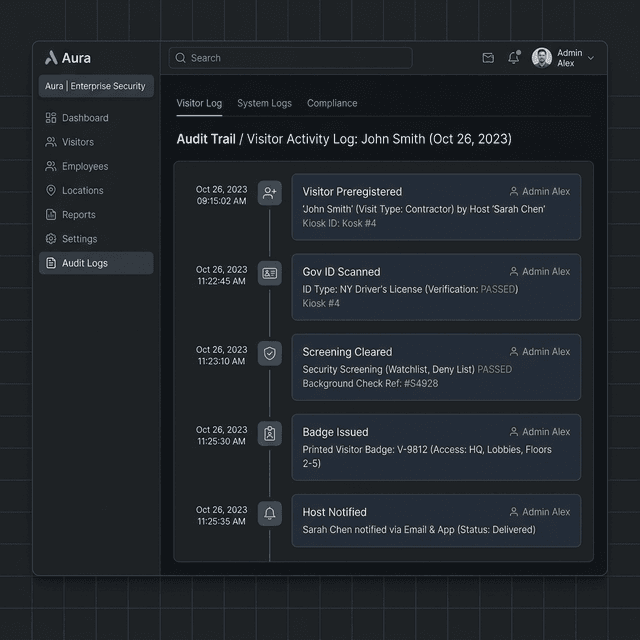 High-fidelity UI showing an immutable audit log timeline for visitor checks