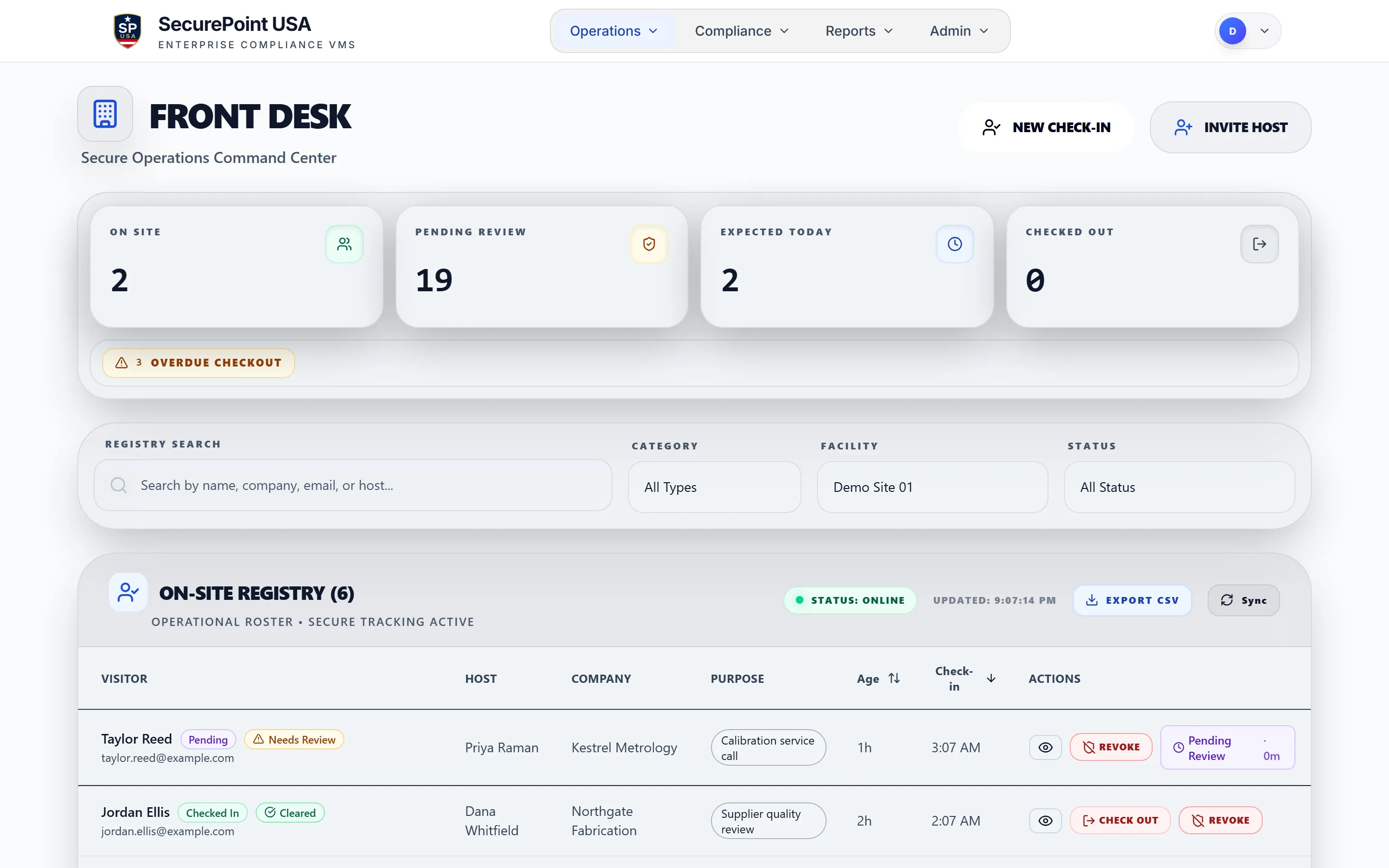 SecurePoint Visitor Front Desk Dashboard in light mode, showing on-site visitors, expected arrivals, and a visitor held for review