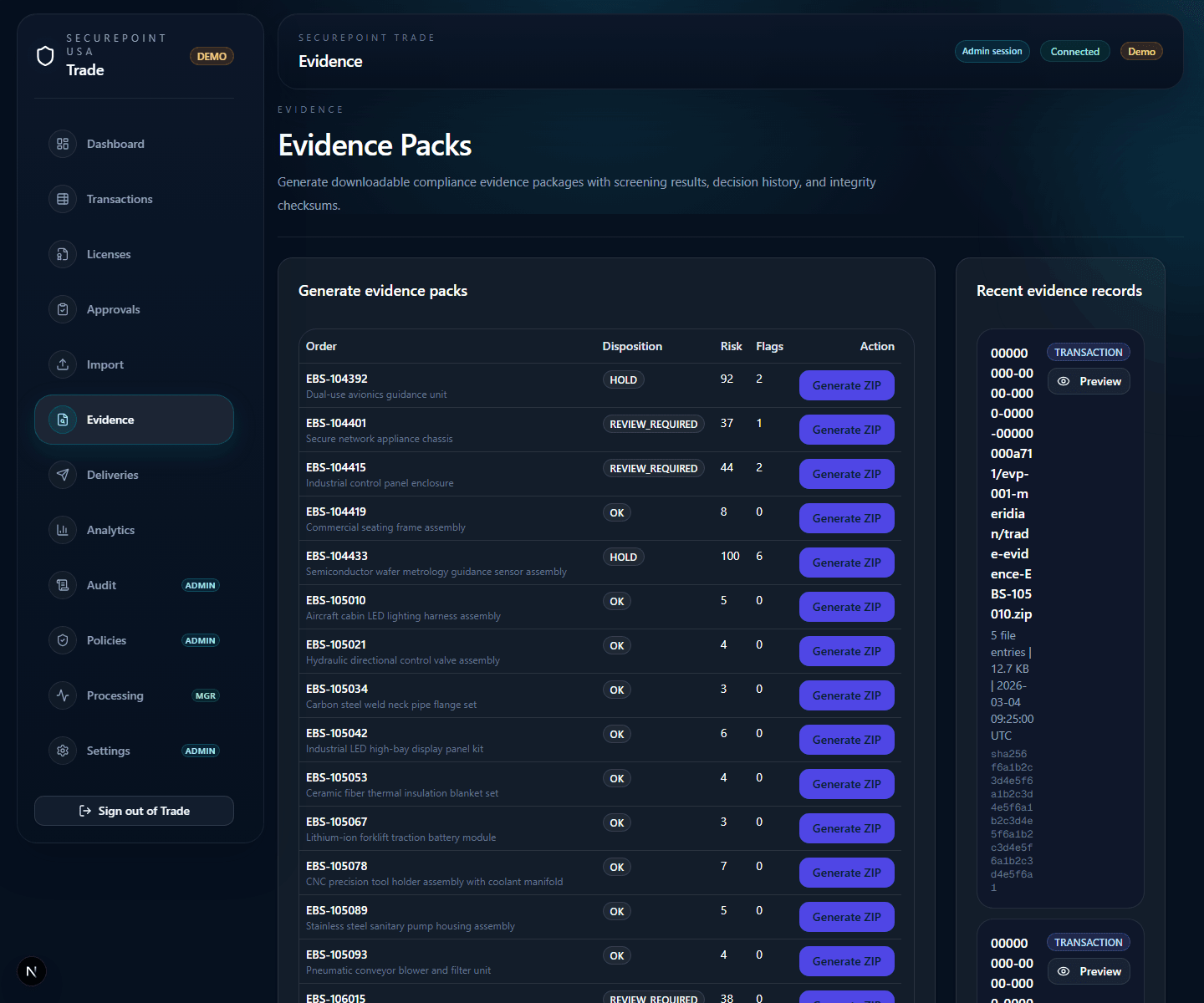 SecurePoint Trade evidence workspace with recent evidence records