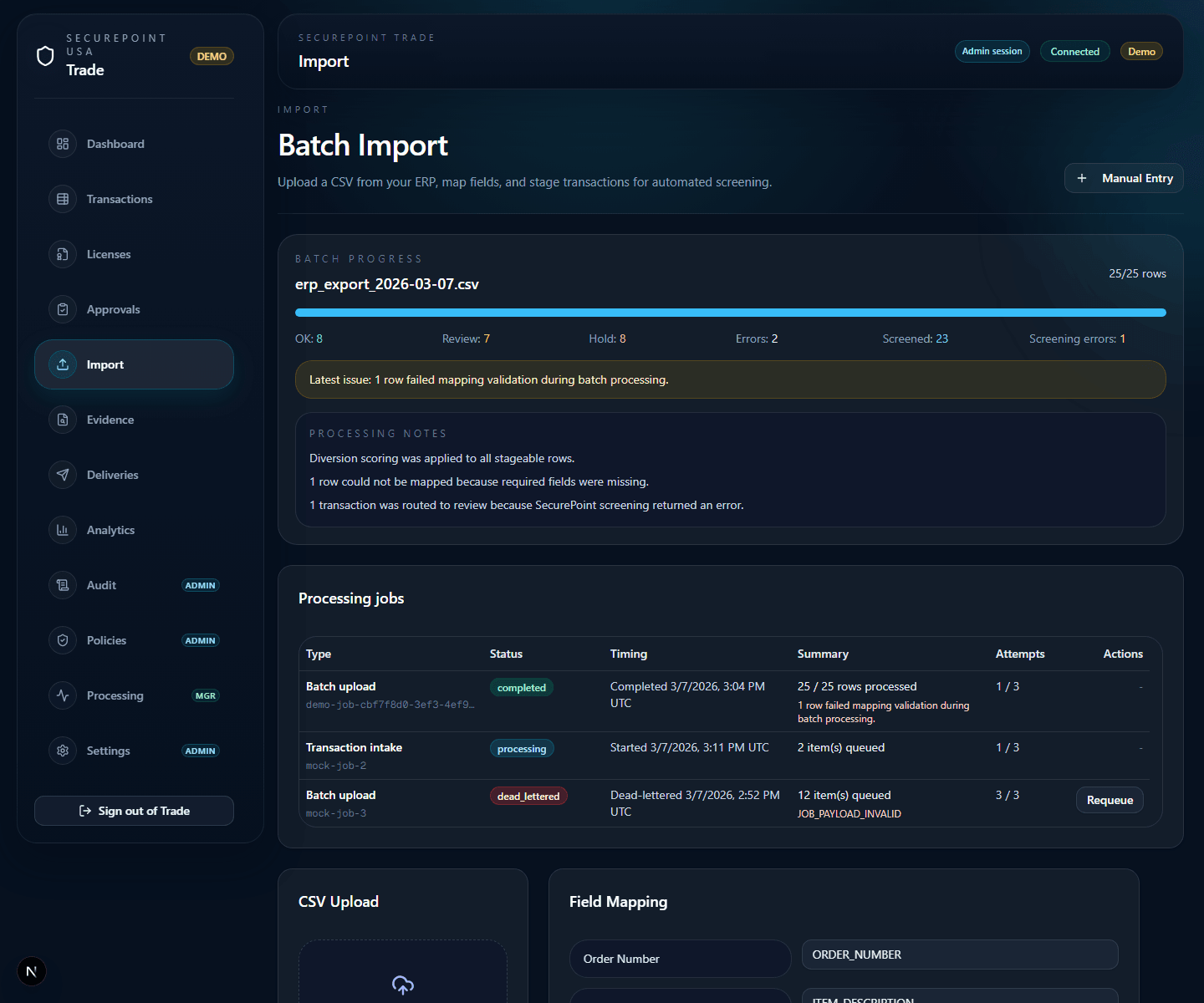 SecurePoint Trade import workspace with batch progress and field mapping