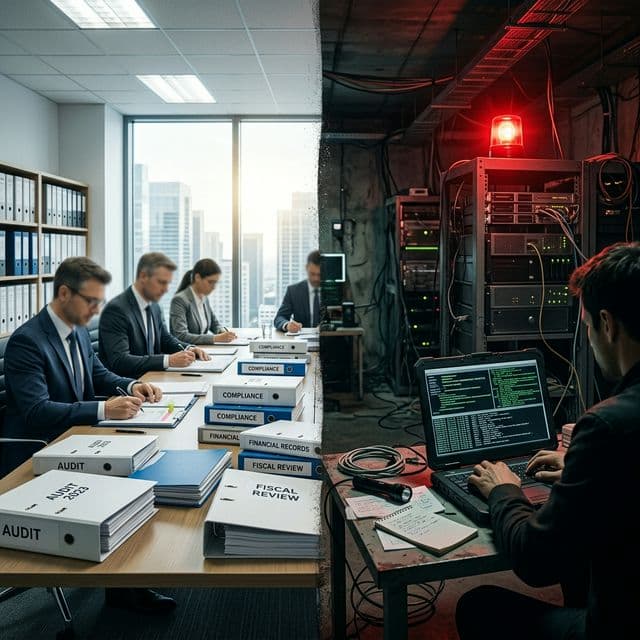 Corporate audit room versus a dark cinematic server room symbolizing the whistleblower