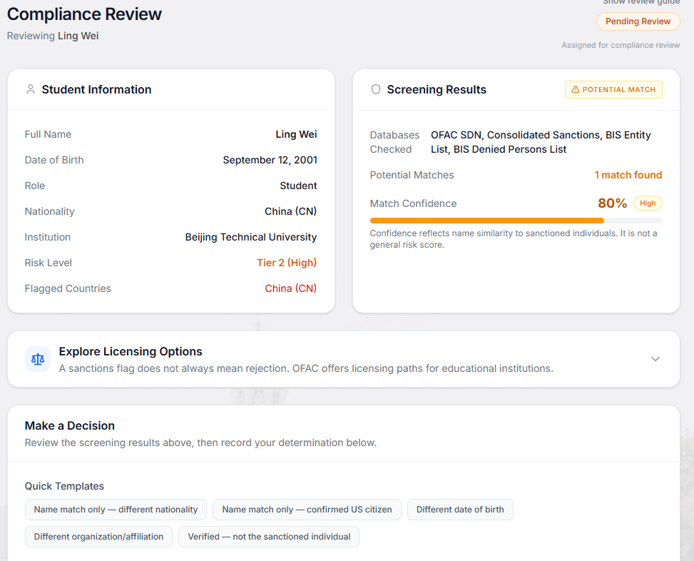 SecurePoint compliance review page showing student screening results, match confidence, and licensing options panel