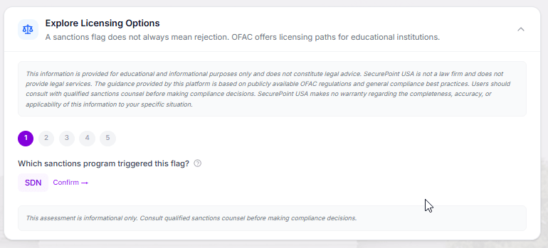 SecurePoint licensing assessment interface showing step-by-step guided questionnaire for OFAC sanctions program evaluation